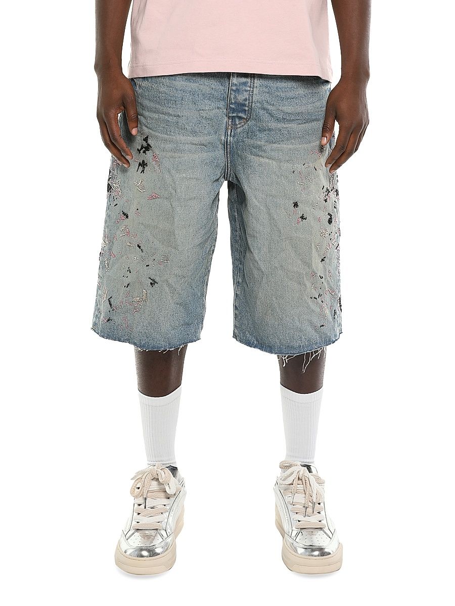 Men's Beaded Paint Splatter Washed-Denim Shorts - Mid Indigo - Size 36