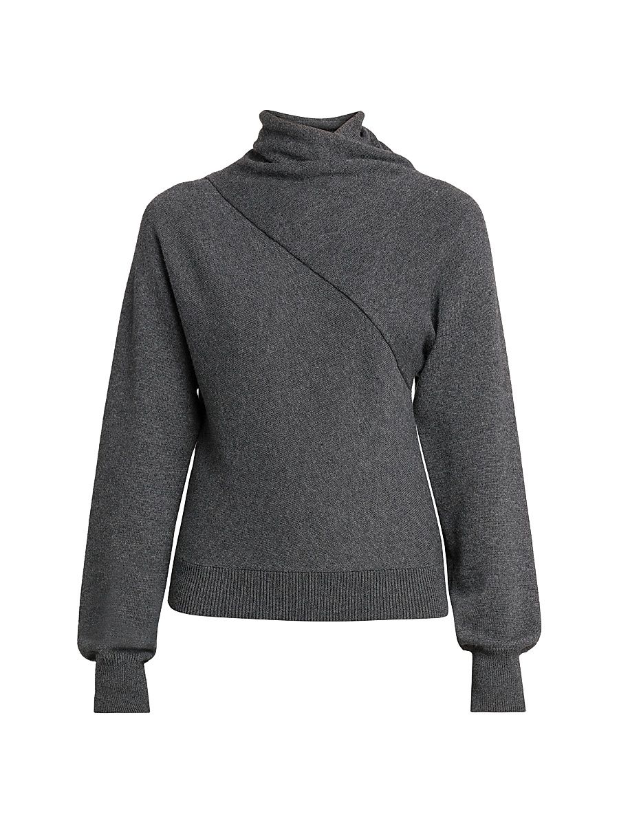 Women's Wrap Collar Cashmere-Cotton Turtleneck - Dark Grey Melange - Size Small