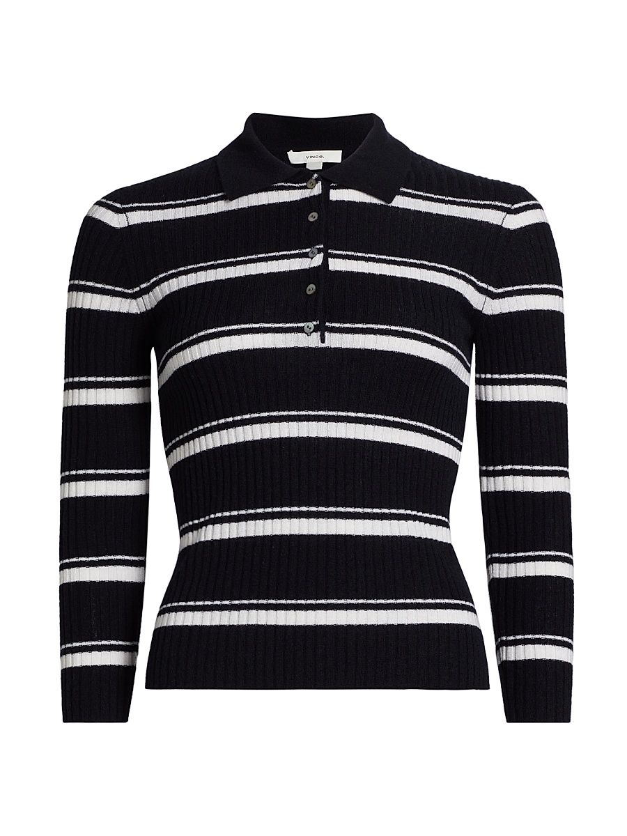 Women's Cashmere-Silk Striped Polo Top - Off White Coastal - Size XL