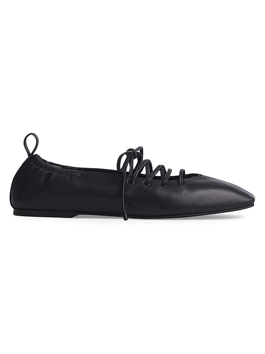 Women's Sophia Lace-Up Leather Ballet Flats - Black - Size 7.5