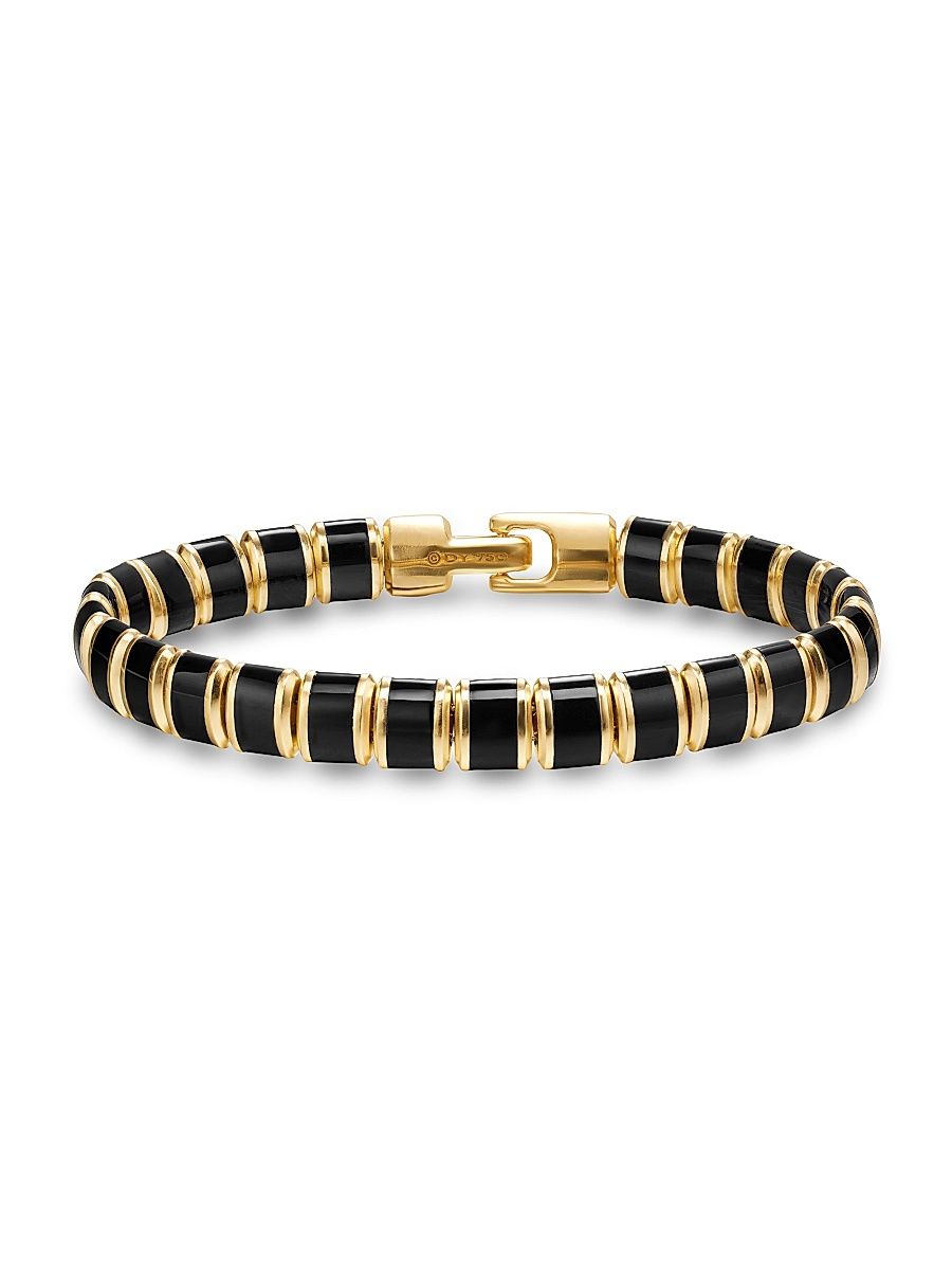 Men's Spiritual Beads Flat Bead Bracelet in 18K Yellow Gold - Black Onyx - Size Large