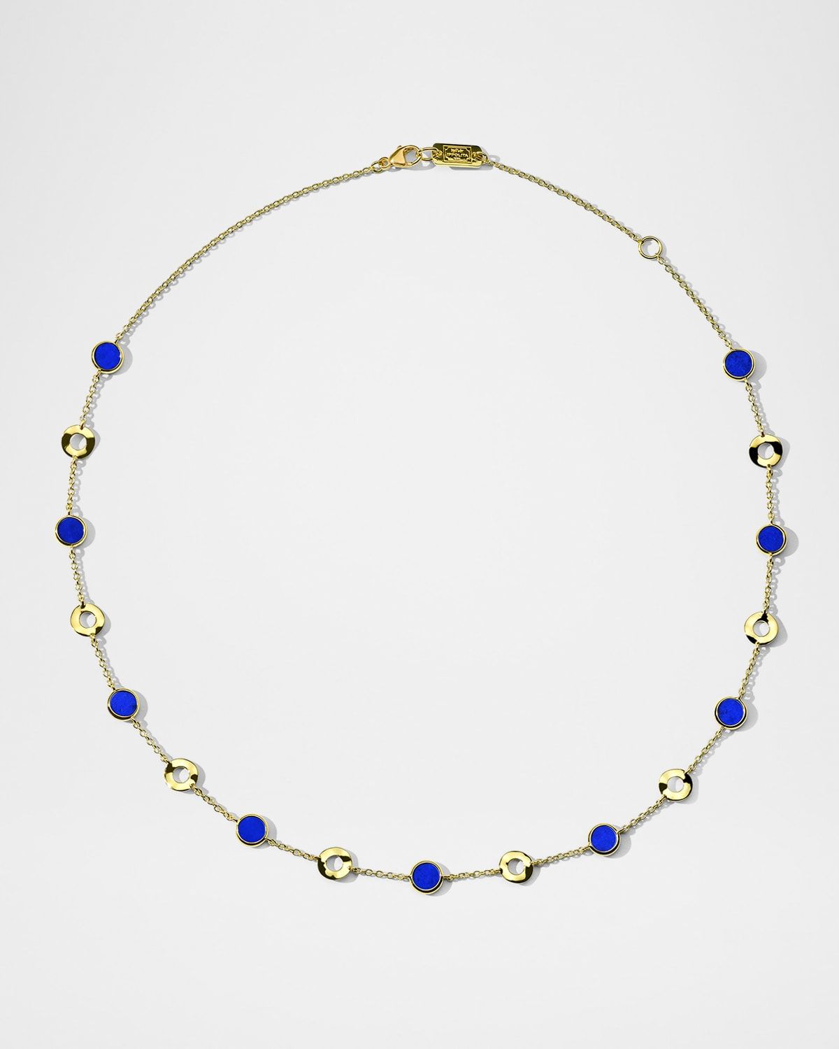 18K Polished Rock Candy Wavy Disc and Lapis Stone Slice Necklace, 16-18"L