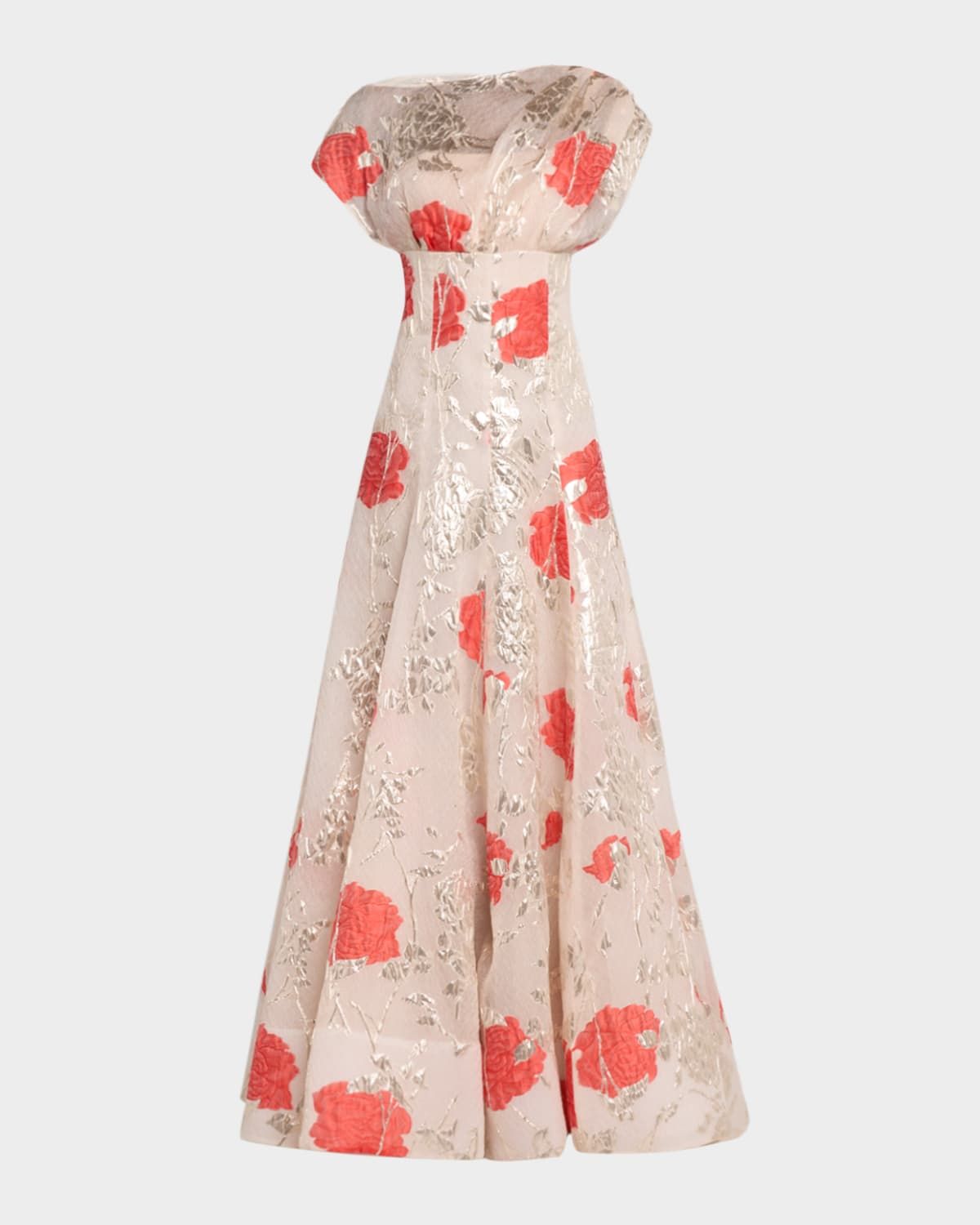 Metallic Floral Fil Coupe Cap-Sleeve Gown