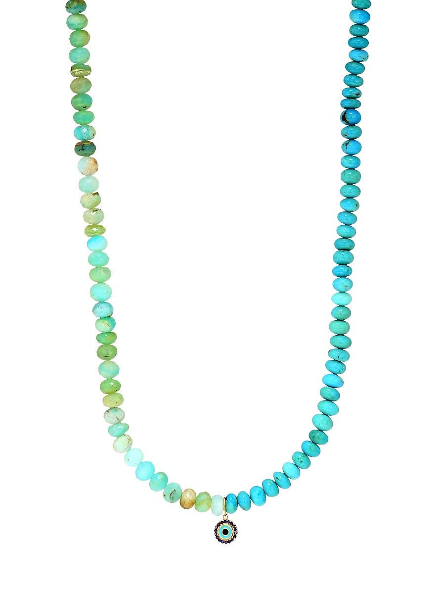 Women's 14K Yellow Gold, Turquoise & Sapphire Evil Eye Charm Beaded Necklace - Blue