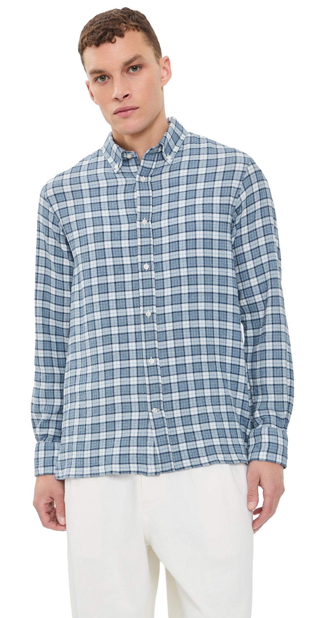 Officine Generale Arsene Waffled Button Down Shirt White/Blue/Navy M