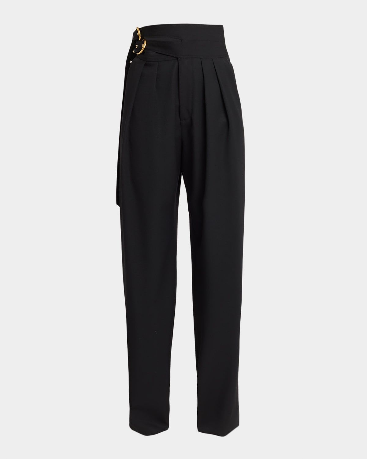 Double-Buckle Pleated Straight-Leg Trousers
