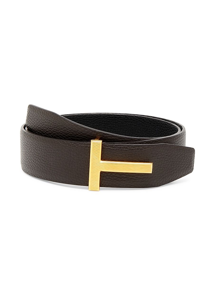 Men's Ridged T Buckle Reversible Leather Belt - Brown Black - Size 32