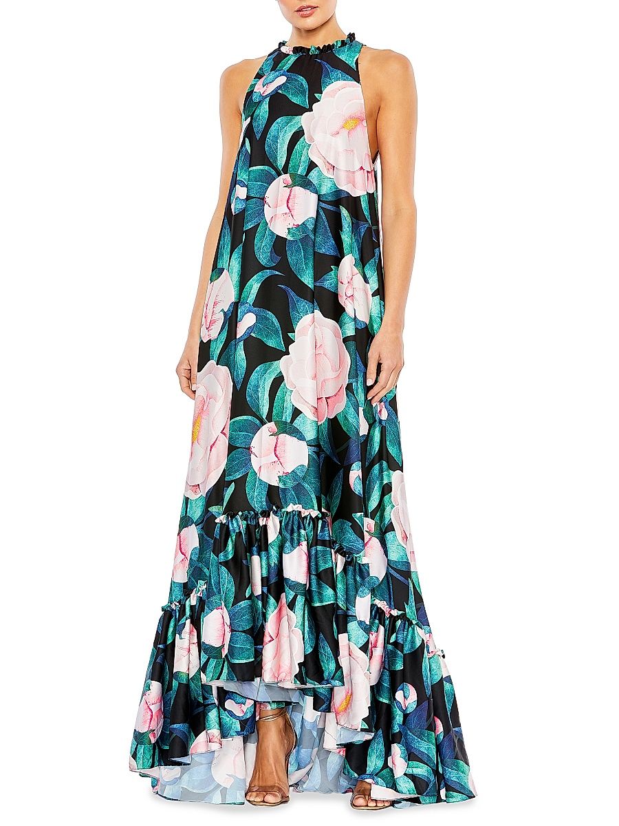 Women's Evening Floral Charmeuse Maxi Dress - Black Multi - Size 14