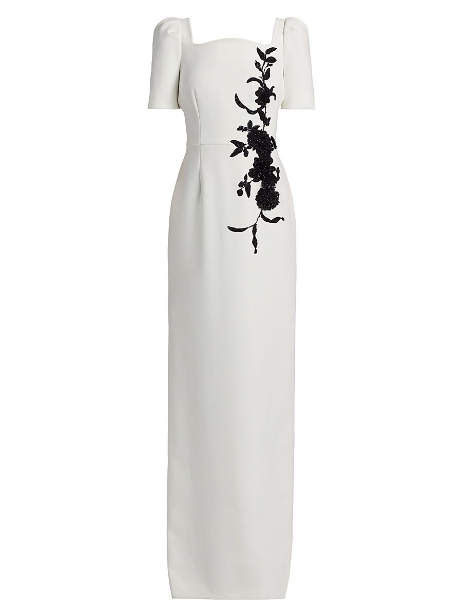 Women's Floral Appliqué Gown - White Black - Size 8