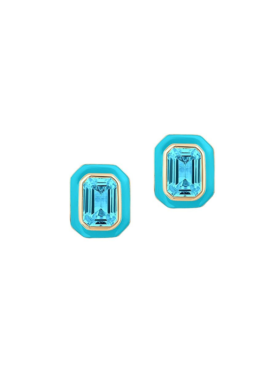 Women's Queen 18K Yellow Gold, Blue Topaz, & Enamel Stud Earrings - Blue