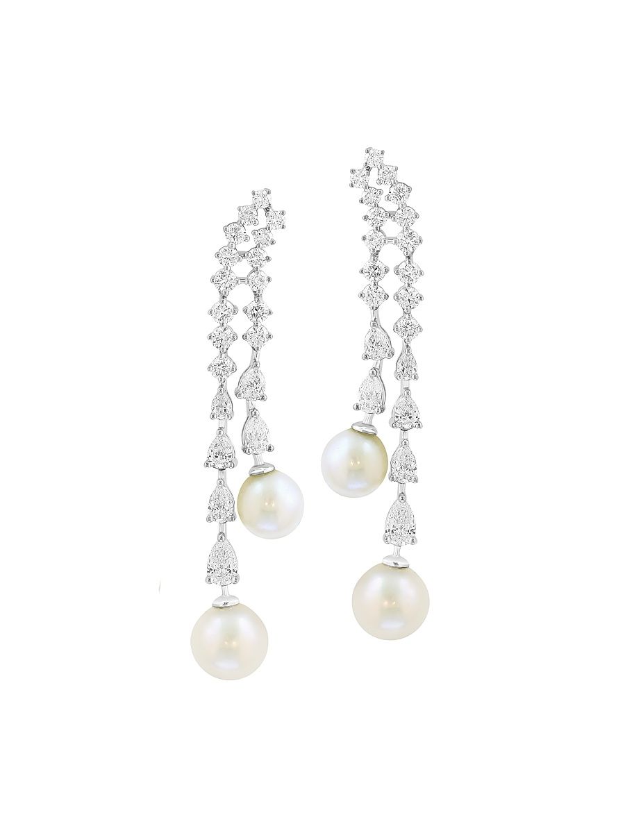 Women's 18K White Gold, 2.09 TCW Lab-Grown Diamond & Freshwater Pearl Drop Earrings - White Gold