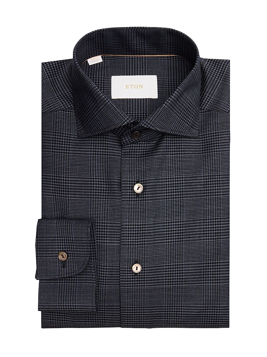 Men's Glen Plaid Merino Wool Slim-Fit Dress Shirt - Dark Grey - Size 17.5