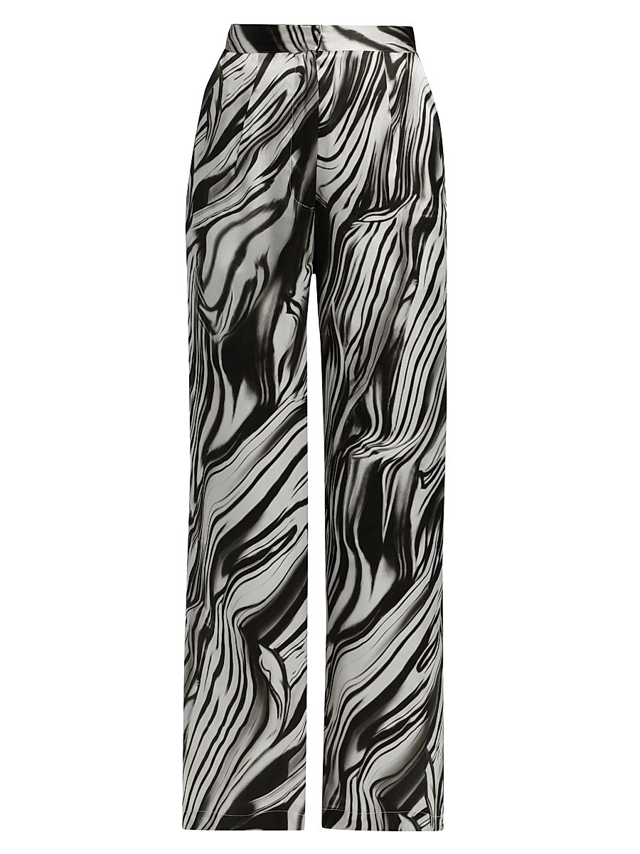 Women's Printed Silk Wide-Leg Pants - Black White - Size XXL