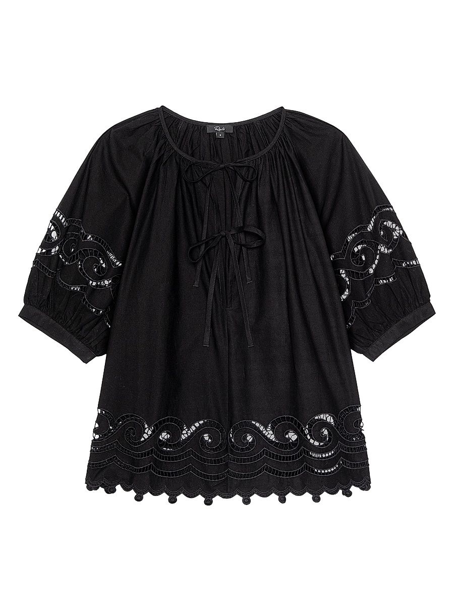 Women's Catalene Lace Tie-Front Blouse - Black Embroidery - Size XL