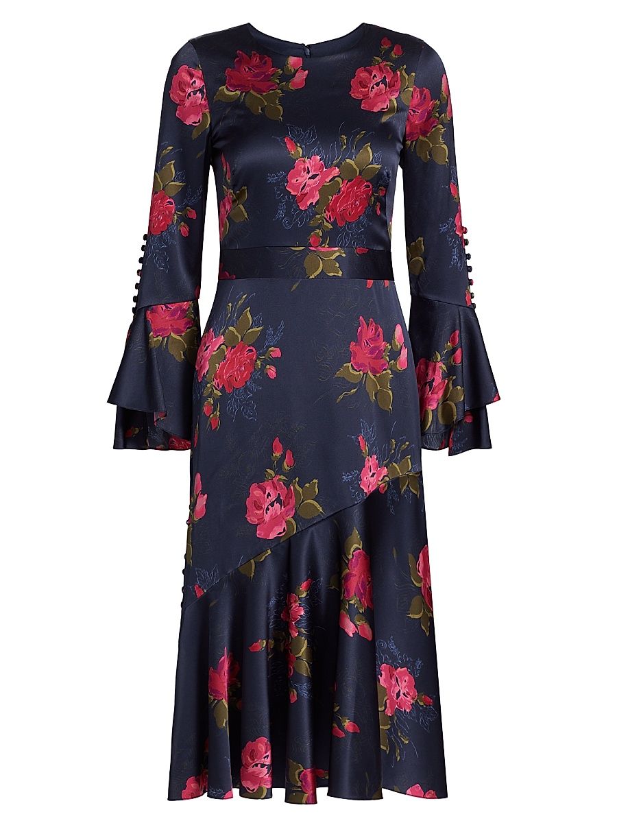 Women's Rania Floral Stretch Silk Midi-Dress - Midnight Multi - Size 8