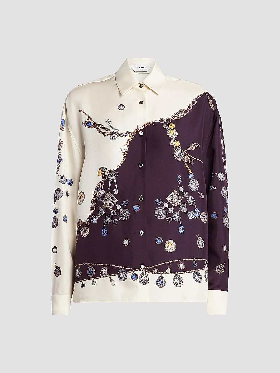Women's La Vacanza Stolen Jewels Print Silk Shirt - Burgundy White Gold - Size 8