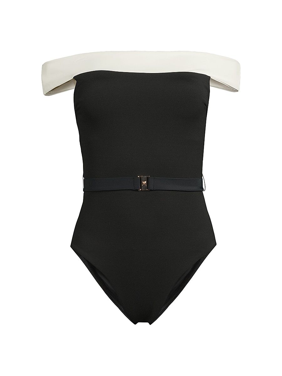 Women's Off-The-Shoulder One-Piece Swimsuit - Black White - Size Large