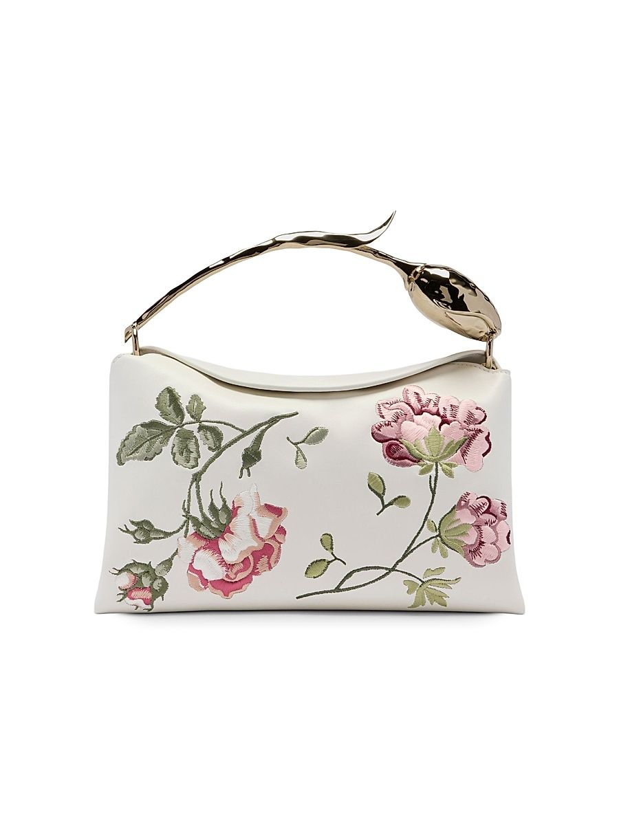 Women's Bloom Medium Floral-Embroidered Leather Top Handle Bag - Porcelain