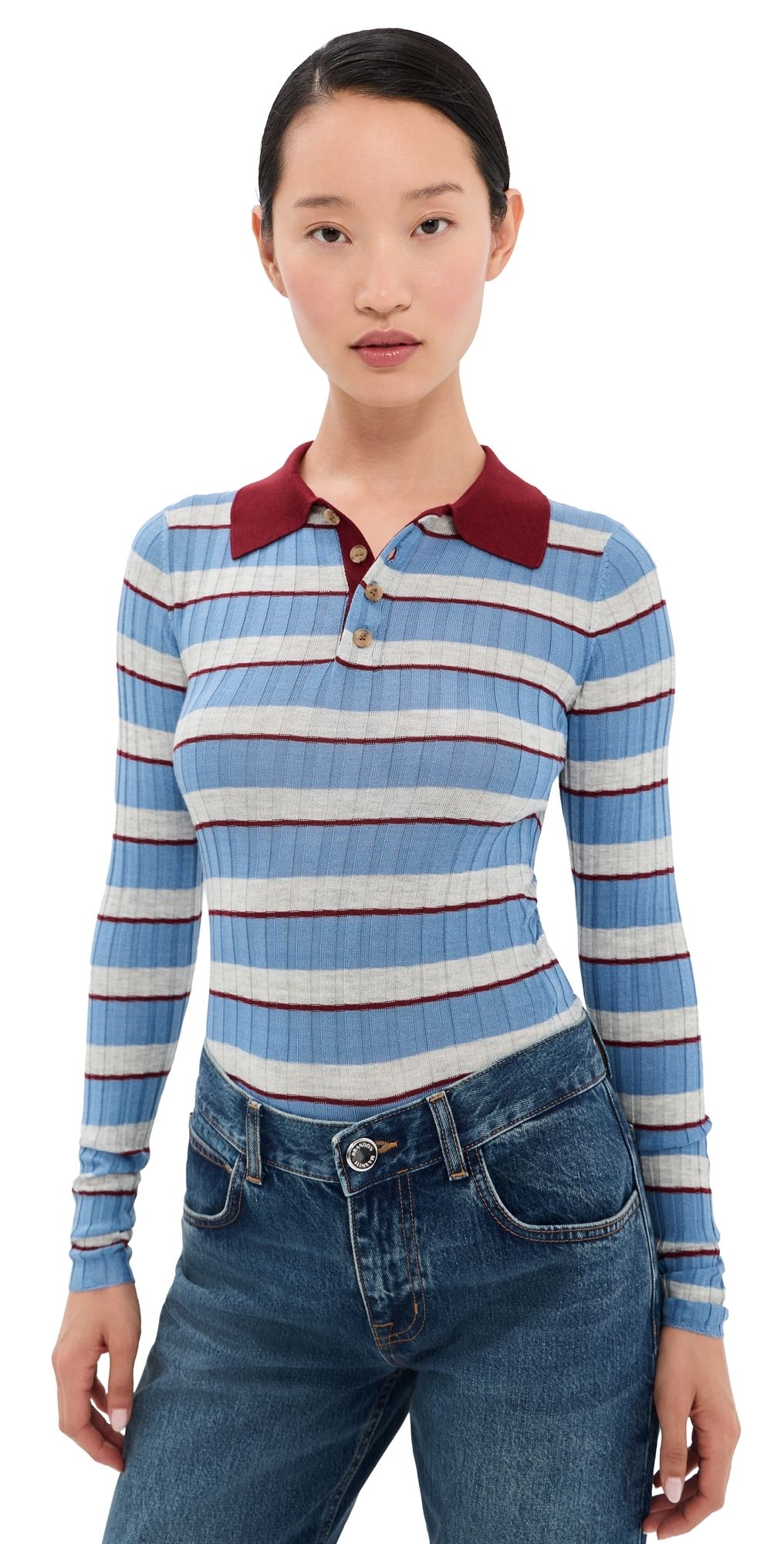 Brandon Maxwell The Joni Silk Cashmere Blend Knit Polo Top Blue Stripe L