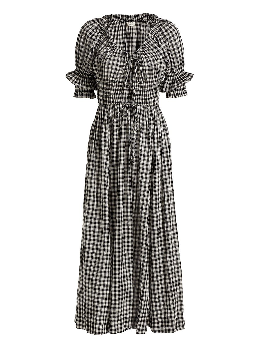 Women's Ischia Gingham Cotton Tie-Waist Midi Dress - Noir Greta Gingham - Size XXS