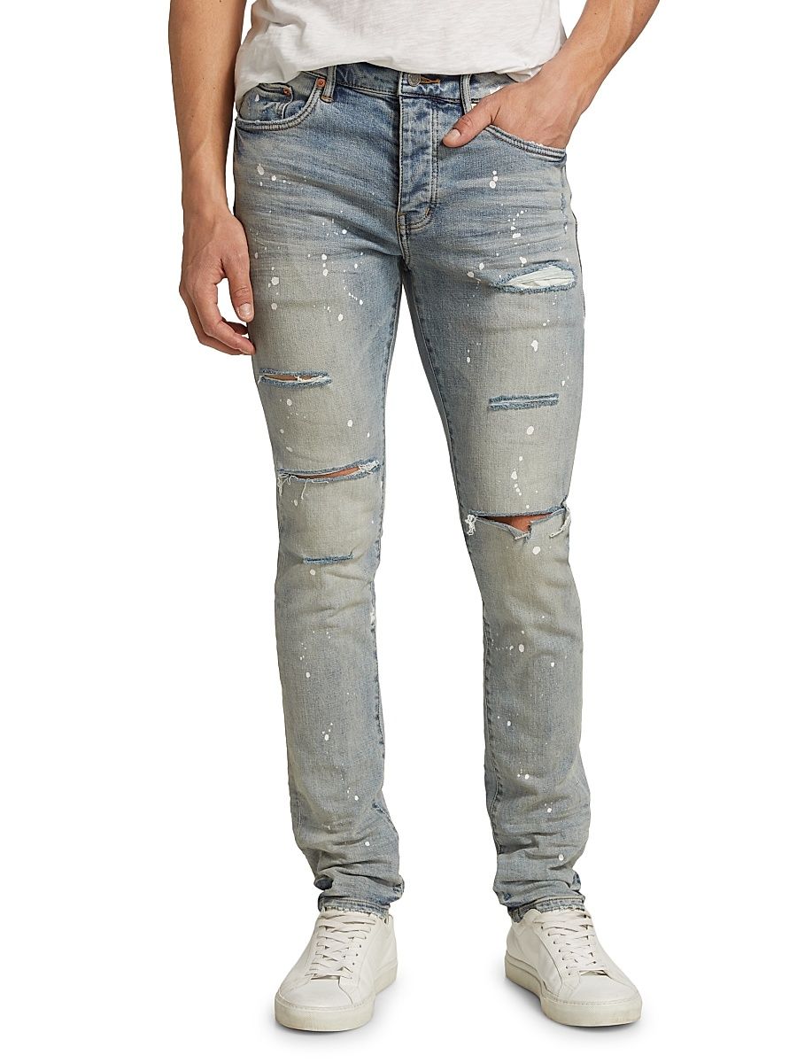 Men's P001 Paint Splatter Distressed Skinny Jeans - Light Indigo Paint - Size 40