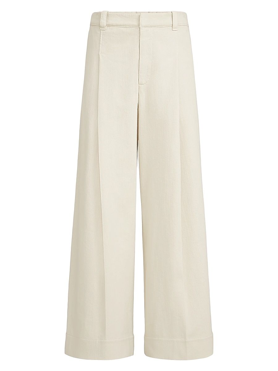 Women's Stretch Dyed Denim Pleated A Line Trousers with Monili - Milk - Size 0