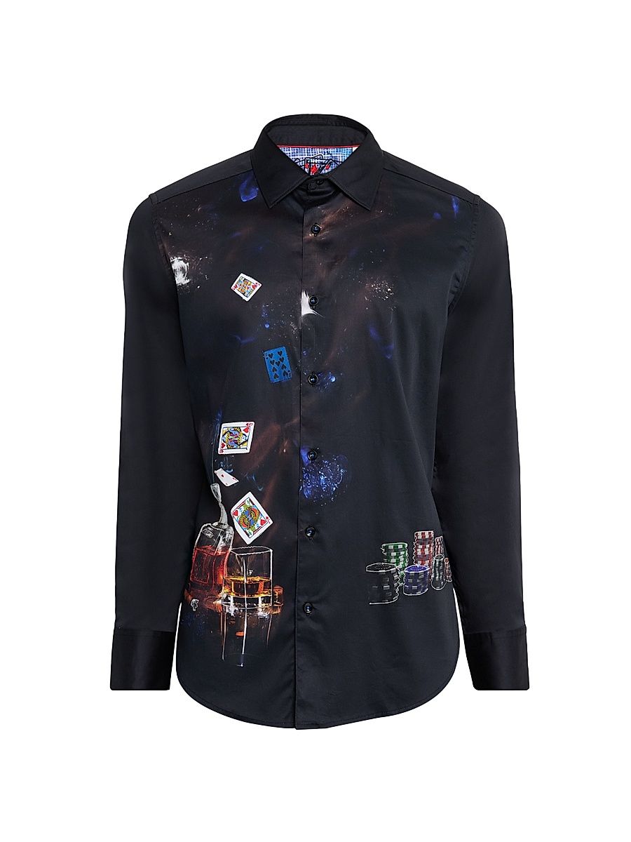 Men's Royal Flush Poker-Print Shirt - Black - Size Large