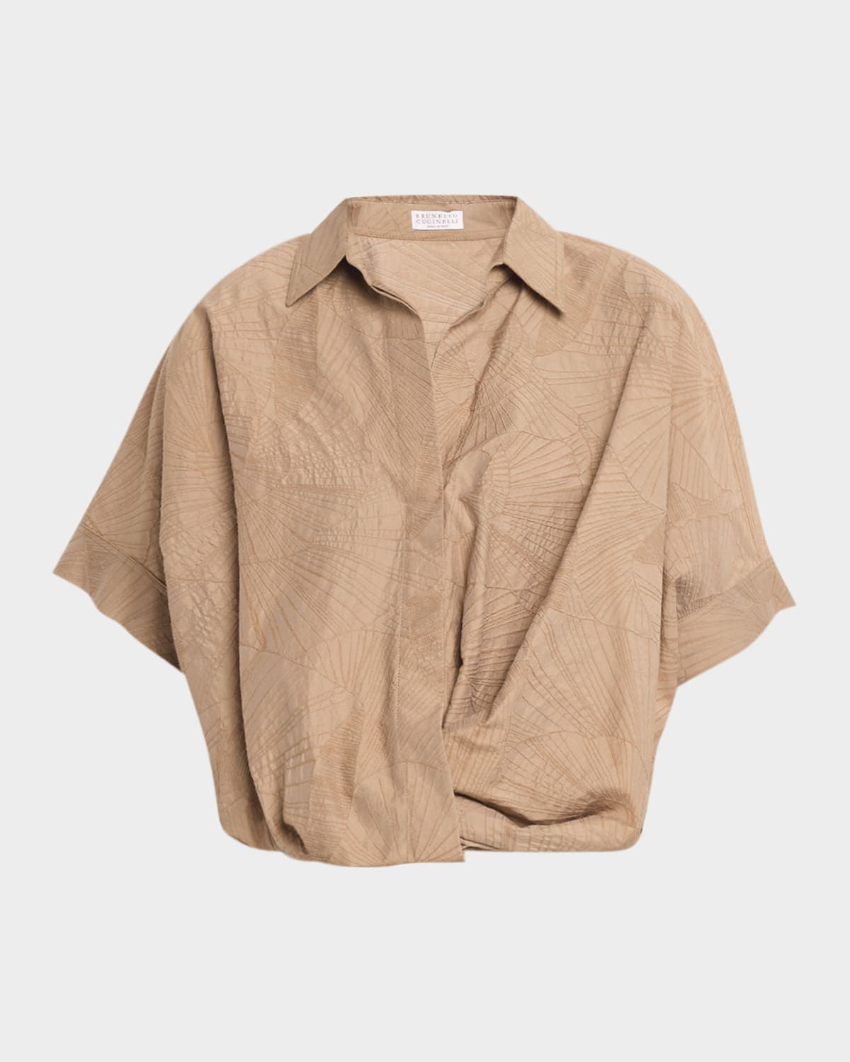 Floral Jacquard Poplin Gathered Short-Sleeve Shirt