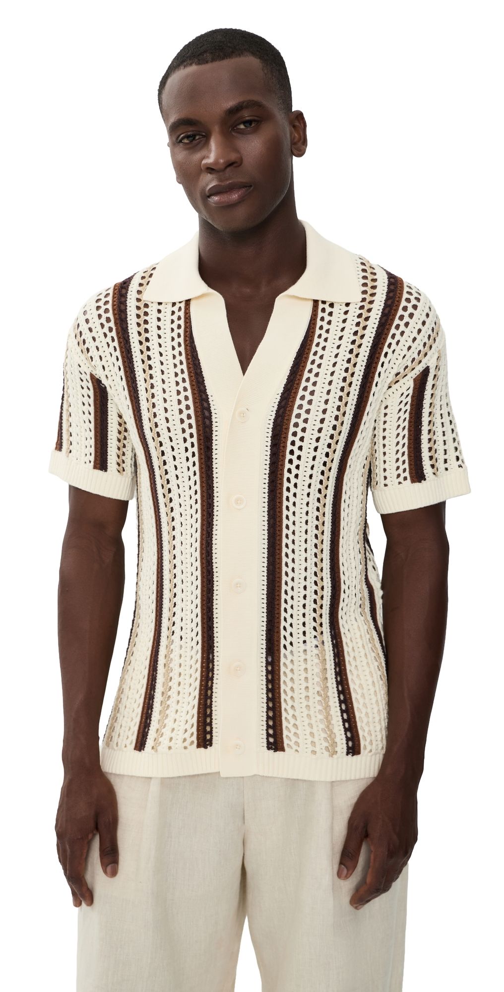 Frescobol Carioca Pinto Cotton Stripe Crochet Shirt Cream & Cacao XL