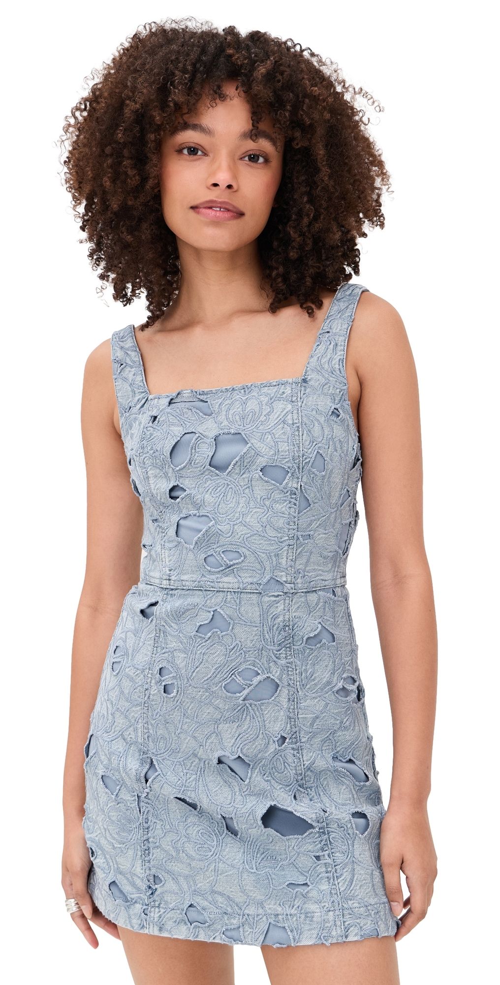 ALICE + OLIVIA Maryann Embr Eyelet Denim Dress Rockstar Blue 8