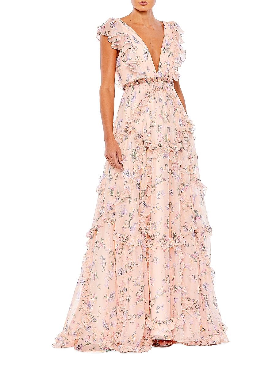 Women's Floral Ruffled Cap-Sleeve Gown - Pink Multi - Size 16
