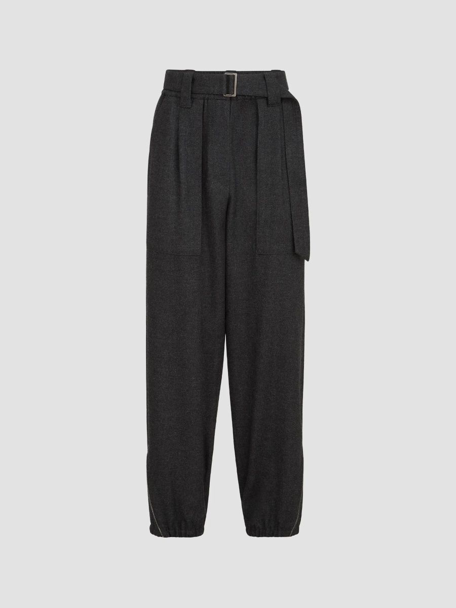 Brunello Cucinelli Women's Virgin Wool and Cashmere Twill Flannel Loose Cargo Trousers - Anthracite - Size 12