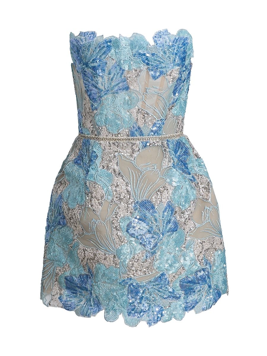 Women's Maraya Jasmine Sequined Floral-Embroidered Lace Minidress - Powder Blue Multi - Size XL