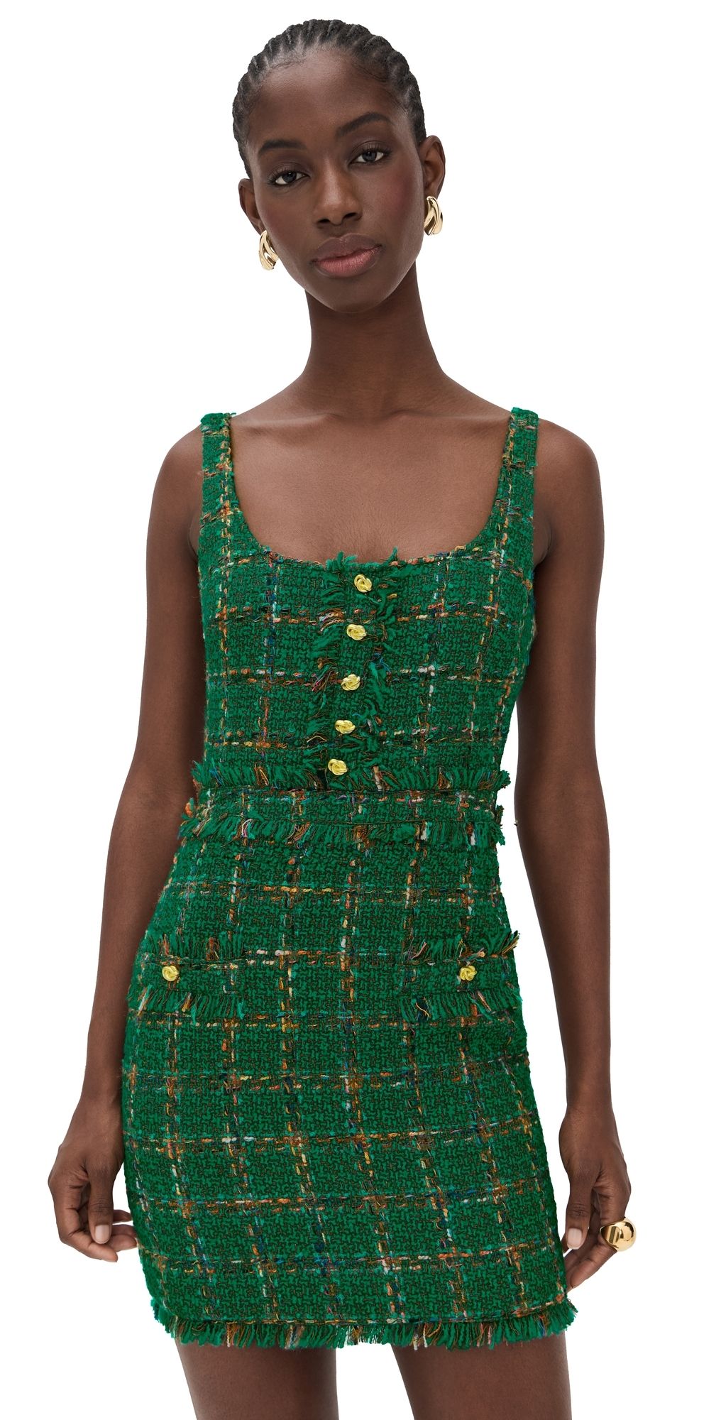 L'AGENCE Valli Square Neck Mini Dress Green Windowpane Tweed 0