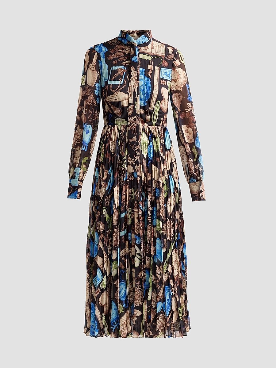 Jason Wu Collection Women's Printed Crepe Chiffon Pleated Tieneck Midi Dress - Black Multi - Size 14