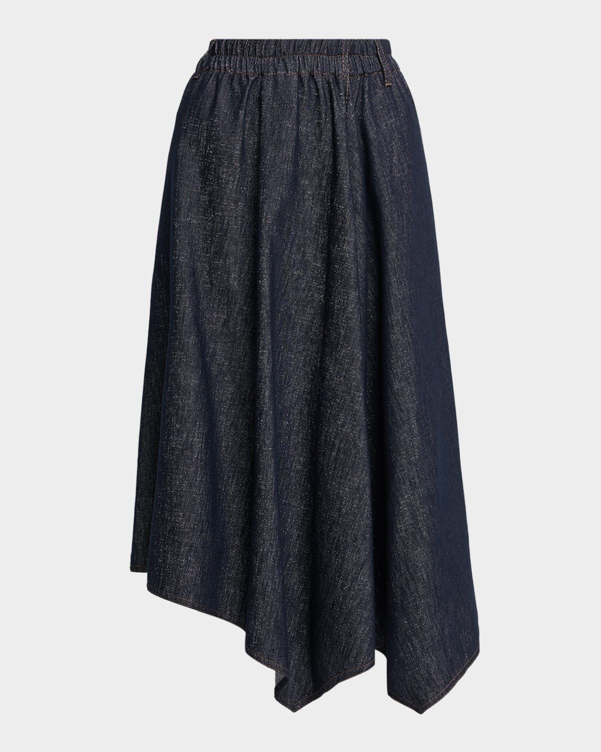 Asymmetric Metallic Denim Midi Skirt