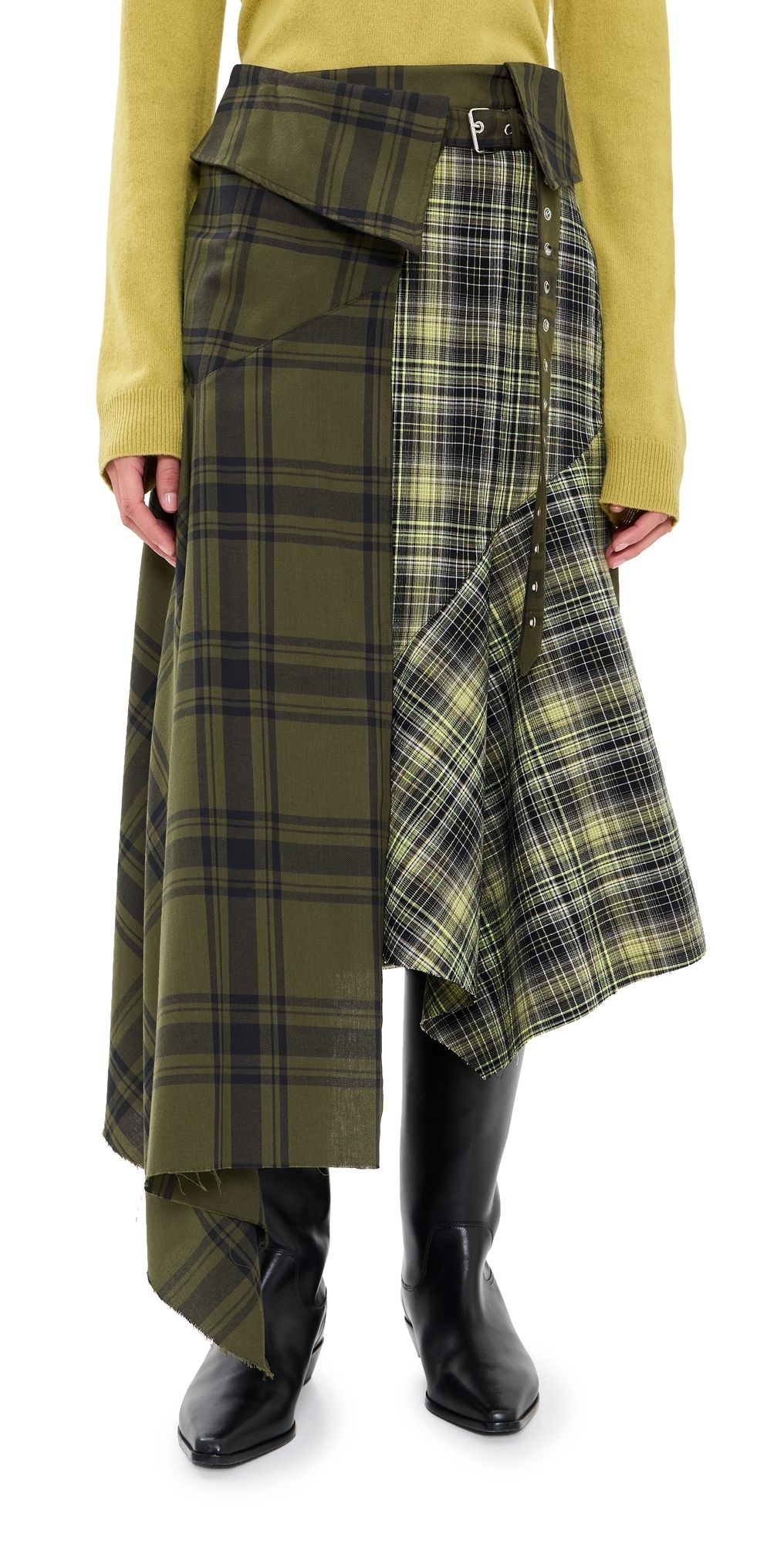 Marques'Almeida Plaid Folded Belt Wrap Skirt Green Plaid 12