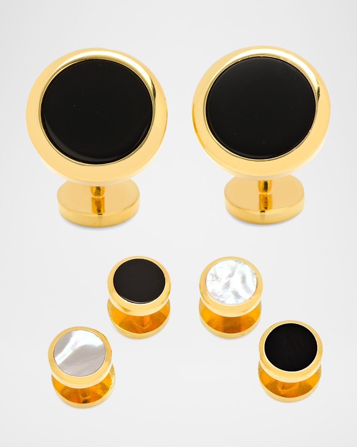 Double Sided Gold Onyx and Mother-of-Pearl Round Beveled Stud and Cufflinks Set
