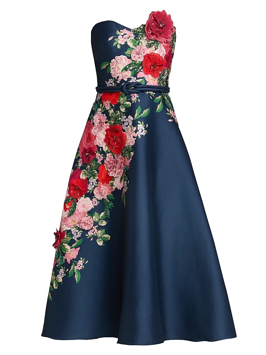 Women's Floral Embellished Strapless Cocktail Dress - Navy - Size 16