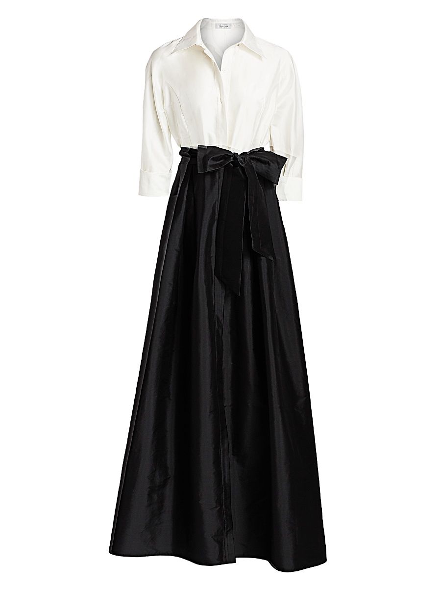 Women's Collared Taffeta Ball Gown - Black White - Size 16