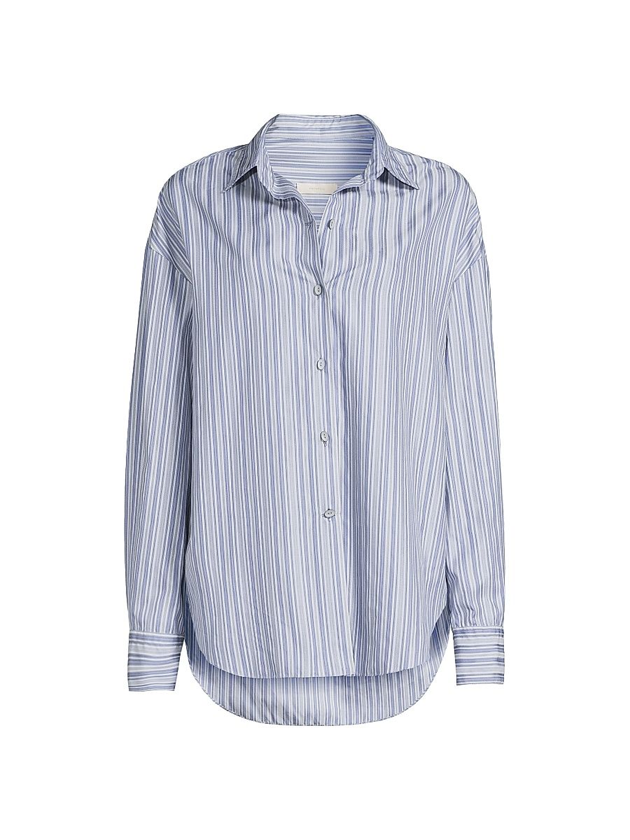 Women's En Vau Striped Cotton Button-Front Shirt - Blue Stripe - Size Medium