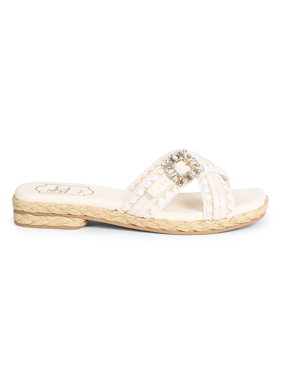 Women's Strass Leather & Raffia Slides - Bianco Cire - Size 12 Sandals
