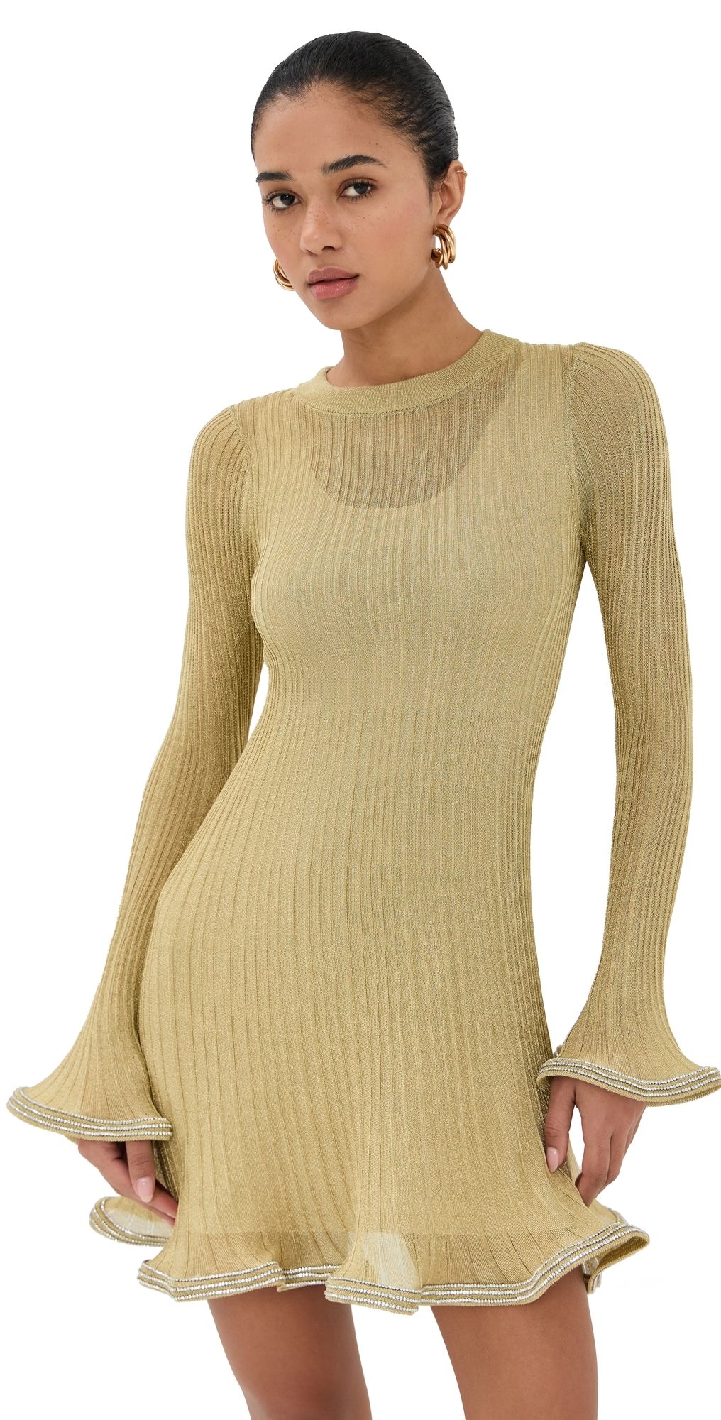 SIMKHAI Zelda Long Sleeve Mini Dress Gold M