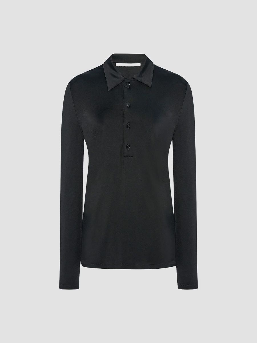 Another Tomorrow Women's Fluid Long Sleeve Polo Top - Black - Size XS
