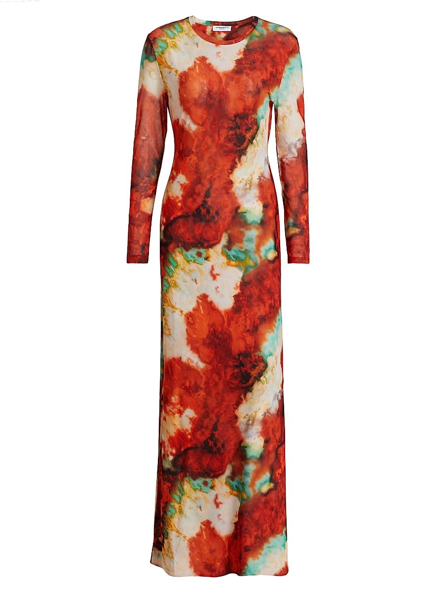 Women's Scarlet Printed Long-Sleeve Mesh Maxi Dress - Rusty Clouds Print - Size Medium