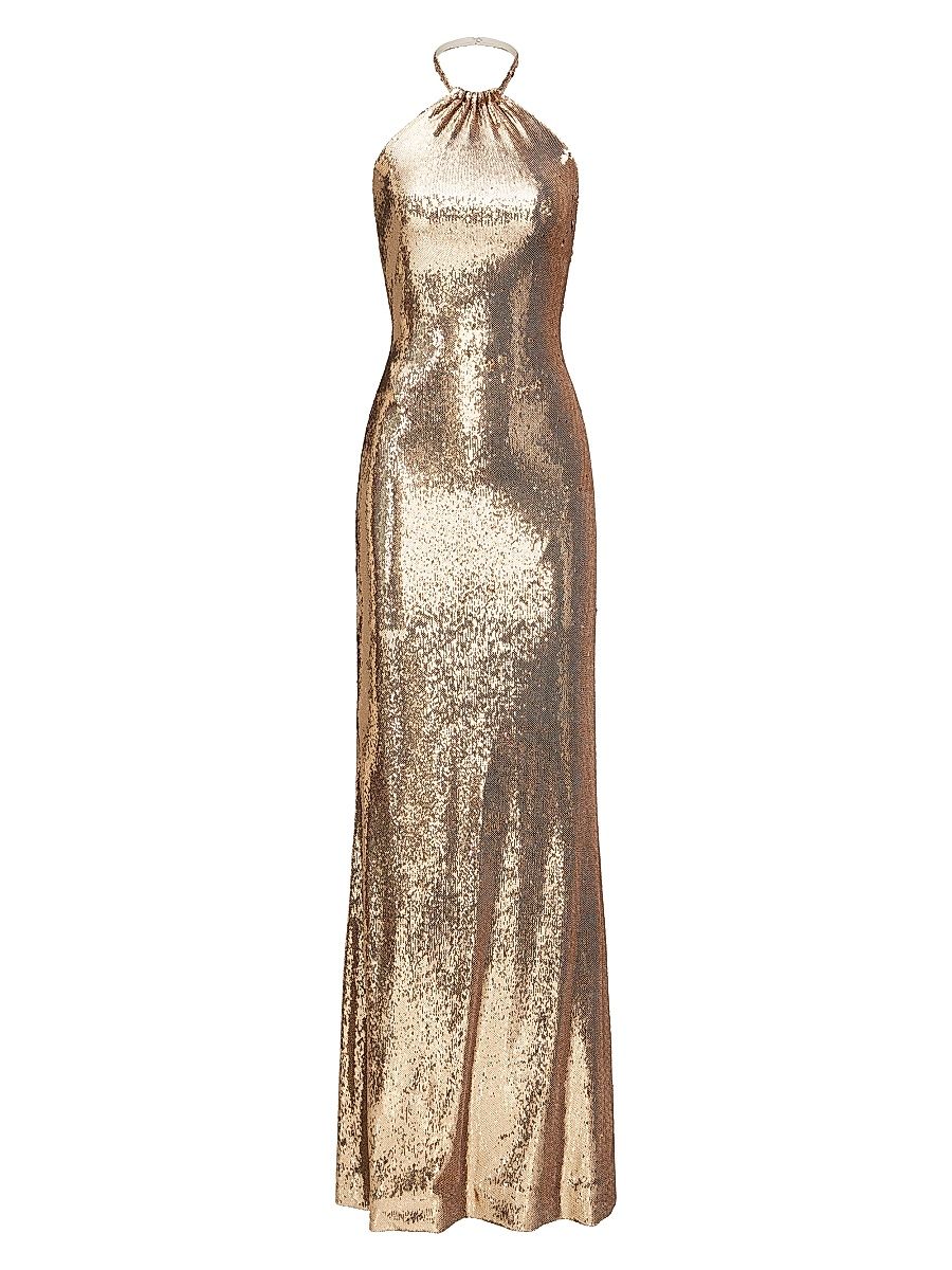 Women's Jun Sequined Halter Gown - Light Gold - Size 14