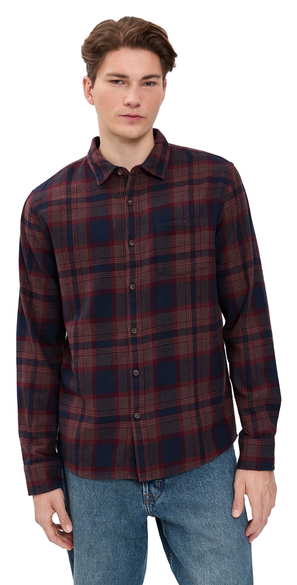 Marine Layer Tahoe Flannel Shirt Navy/Burgundy Plaid L