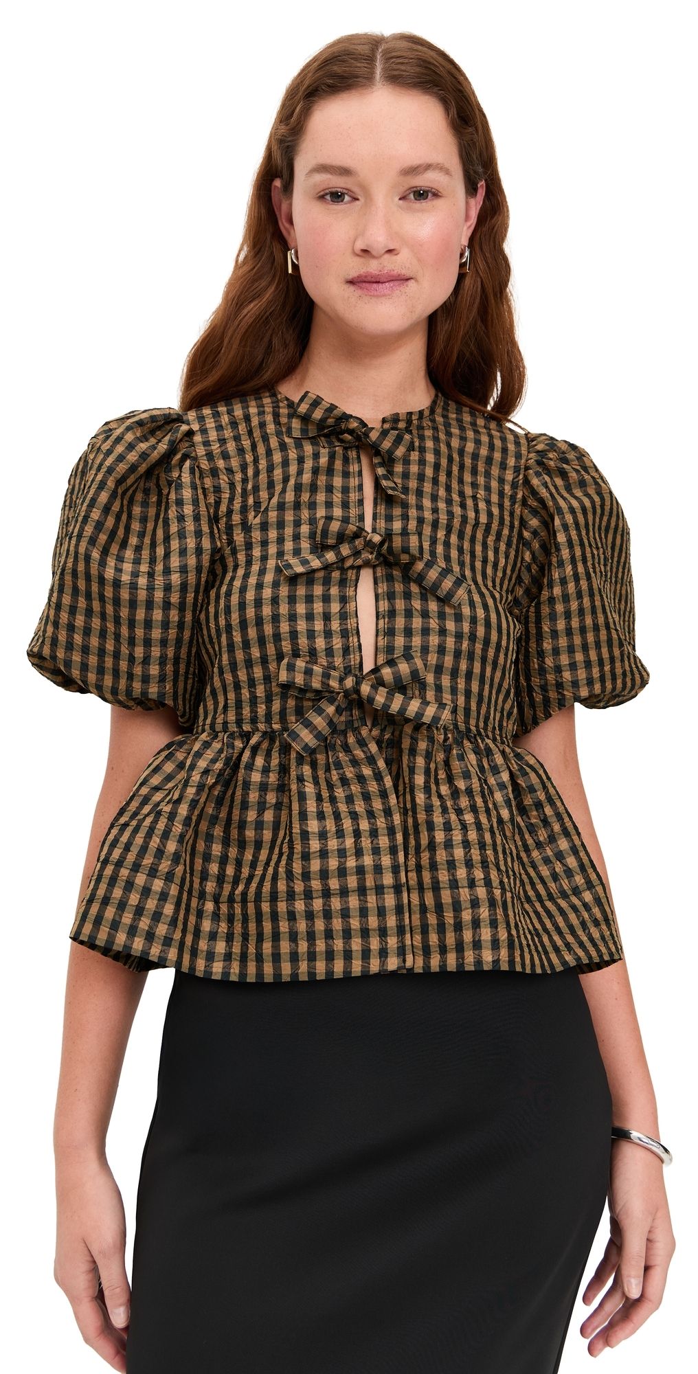 GANNI Crinkled Taffeta Check Peplum Blouse Tobacco Brown 42
