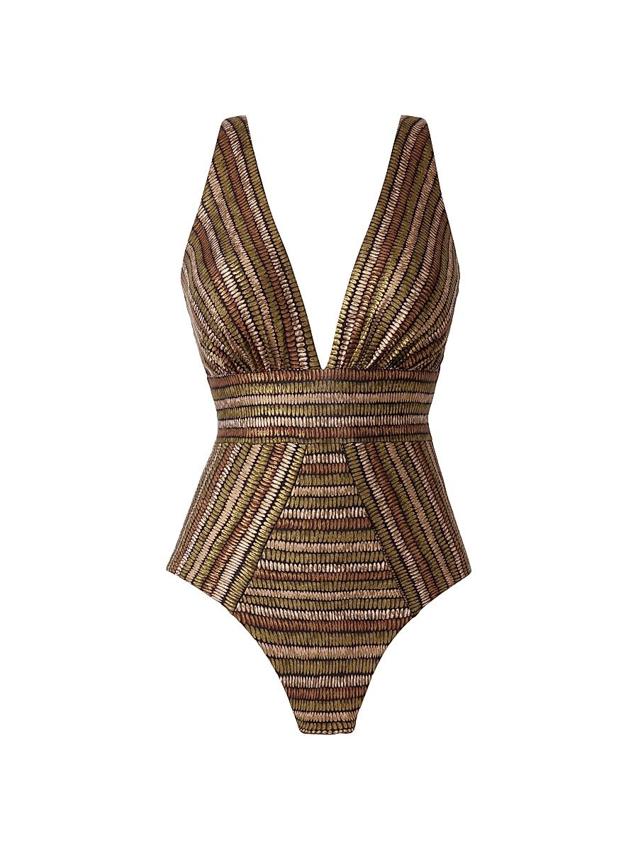 Women's Sparkle Sands Odyssey Metallic Striped One-Piece Swimsuit - Black Multi - Size 16