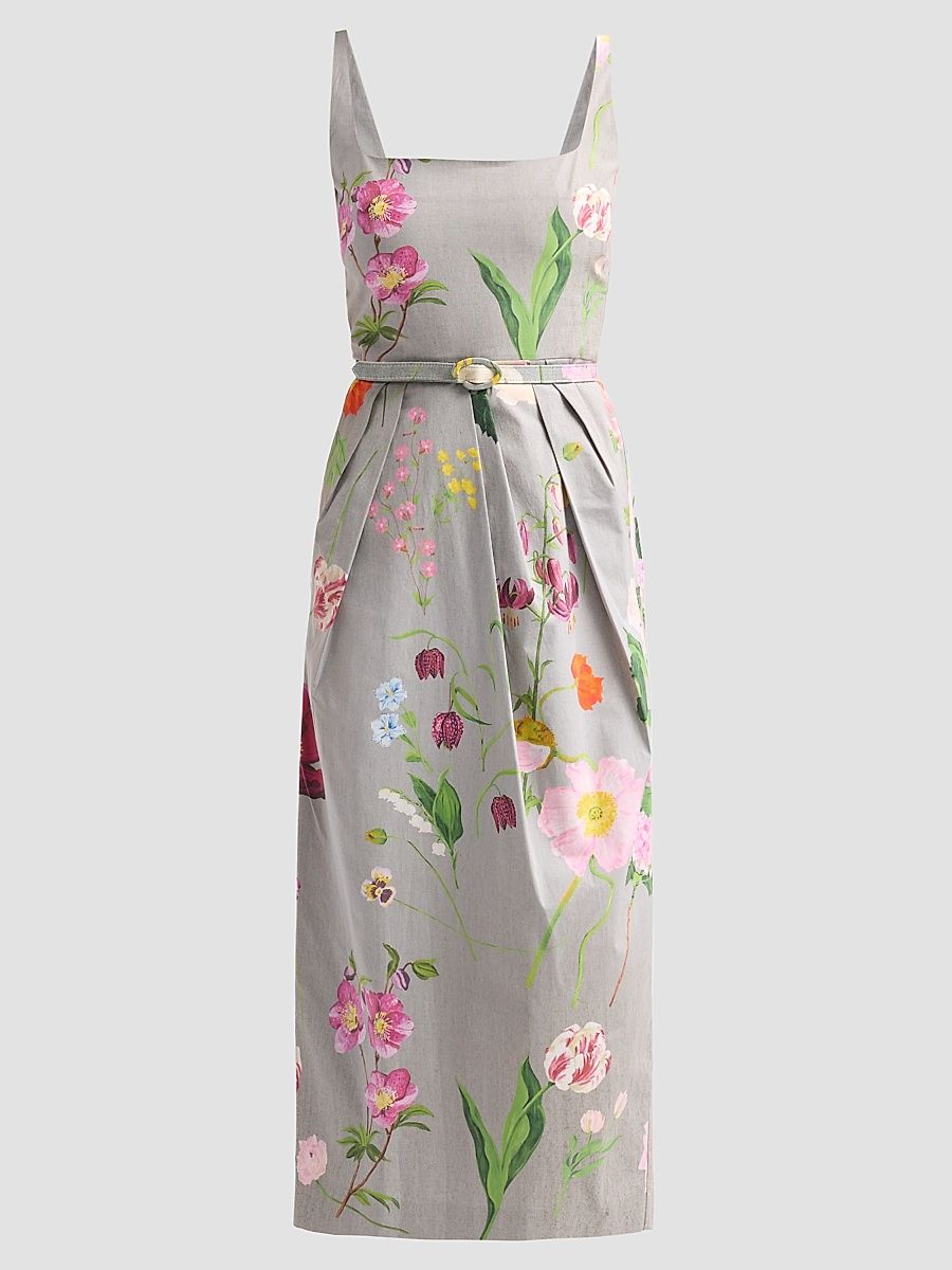 Women's Mixed Botanical Stretch Cotton Pleated Day Dress - Grey Multi - Size 14
